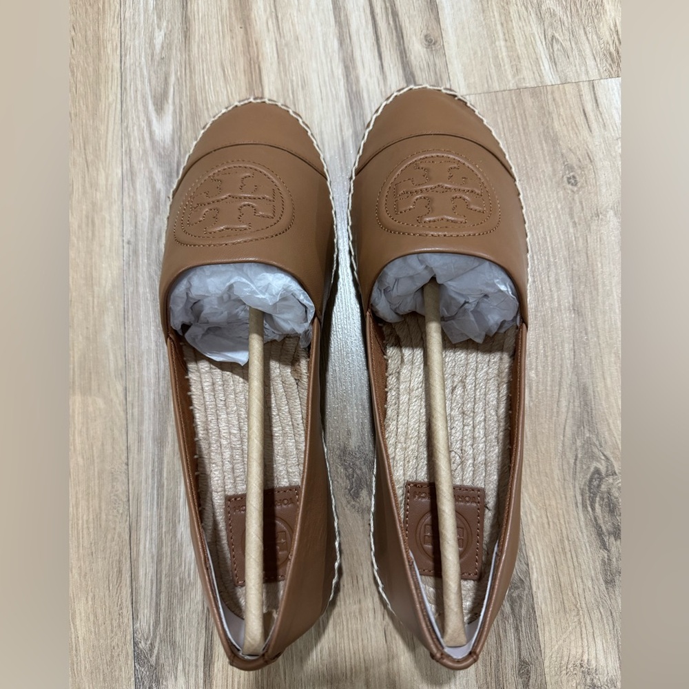 Tory Burch Block Flat Espadrille Nappa Leather Royal Tan Size 9.5 NIB